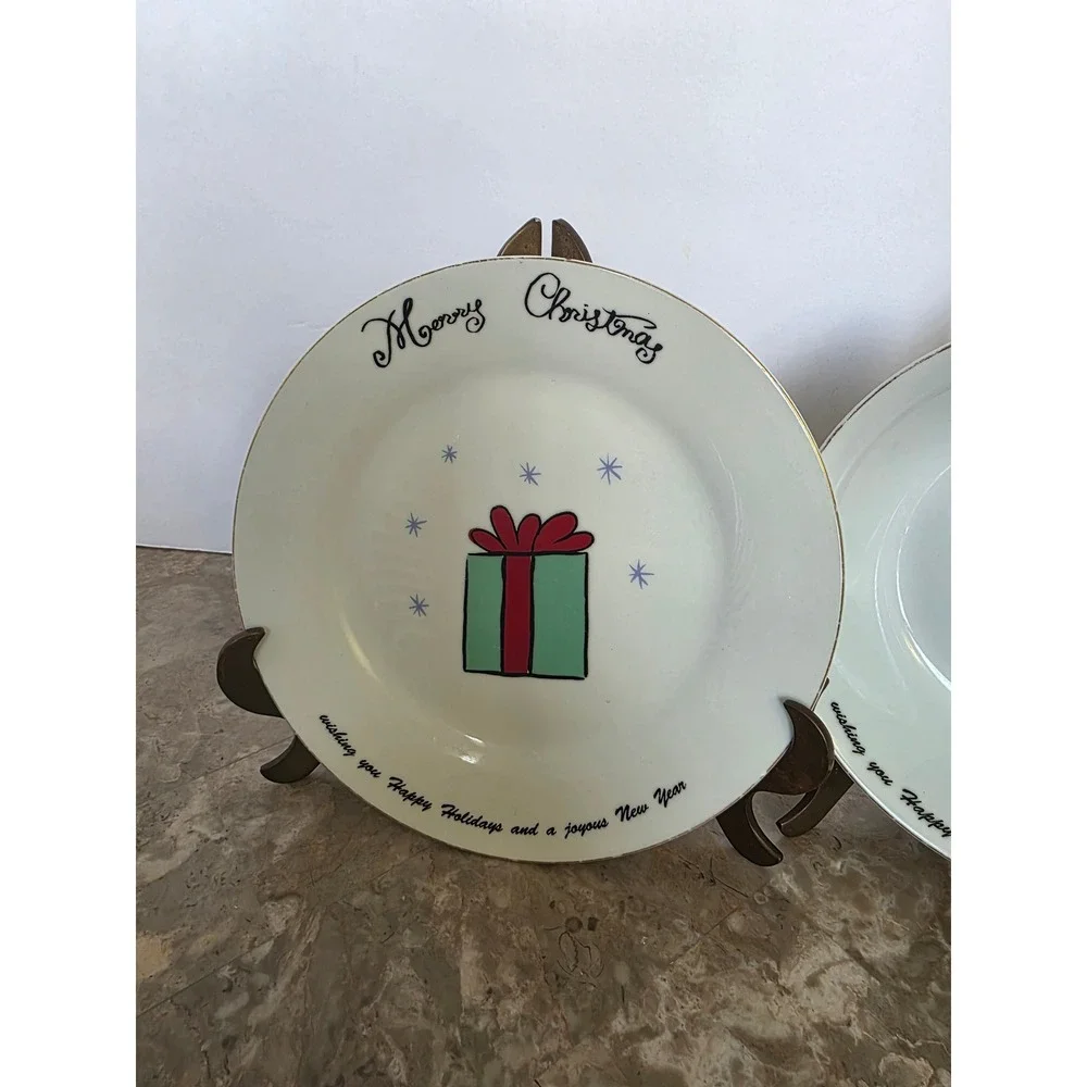 Set of 2 Christmas Holiday Dessert and Dinner Plates Gift Design and Gold‎ Rim